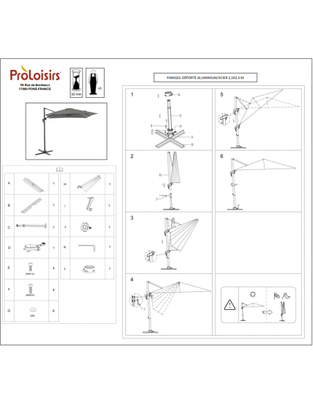 Taille Parasol déporté Roma 2,5 x 2,5 m - Orientable - Proloisirs