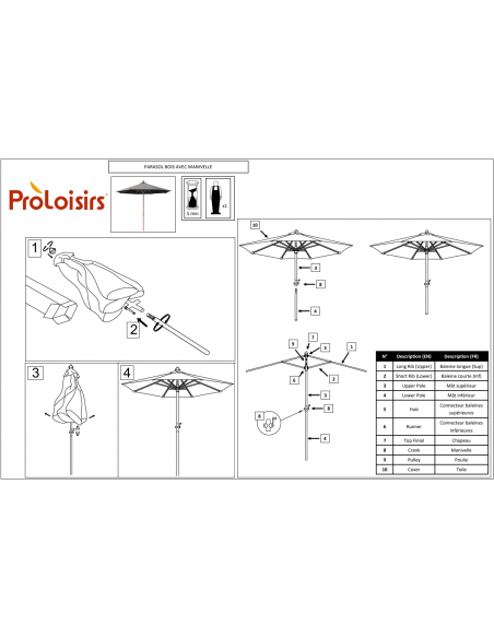 Notice Parasol bois Ø300 cm ouverture à manivelle en 3 coloris - Proloisirs