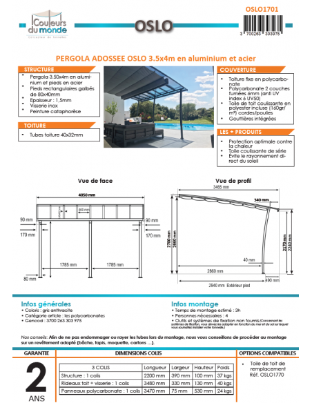 COULEURS DU MONDE - Pergola adossée OSLO 3.5 x 4 m - Polycarbonate, acier et aluminium