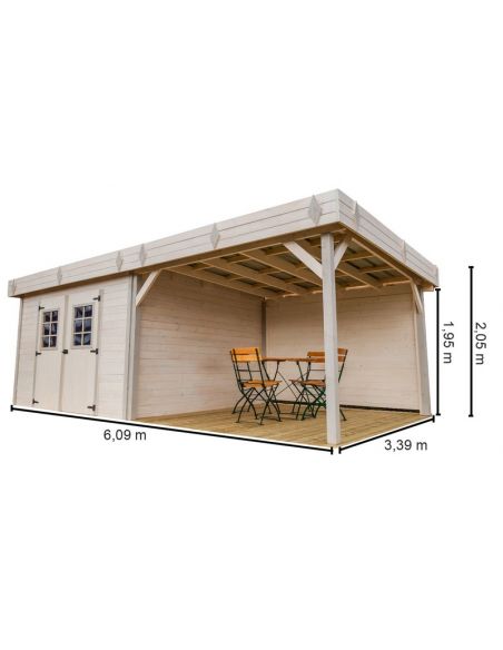 HABRITA - Abri en bois massif 28 mm toit plat bac acier et terrasse - 8.97 m² 