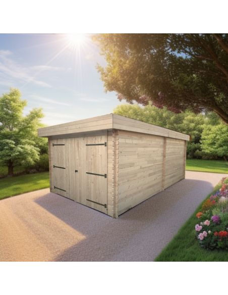 HABRITA - Garage Dorna en bois toit plat madriers 28 mm - 17.34 m² - Montage à domicile inclus