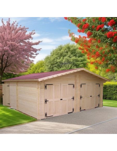 HABRITA - Garage double Vermont en bois massif double pente madriers 42 mm - 34.92 m²