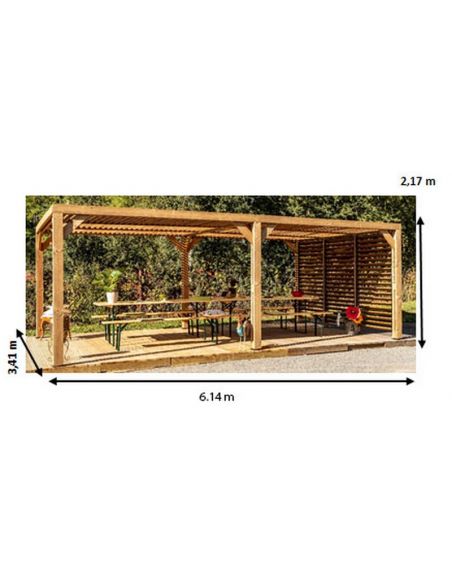 HABRITA - Pergola bois THT + toit vantelles + 1 côté brise vue - 20.93 m²