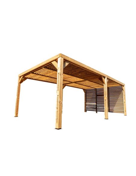 HABRITA - Pergola bois THT + toit vantelles + 1 côté brise vue - 20.93 m²