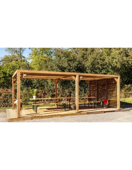 HABRITA - Pergola bois THT + toit vantelles + 1 côté brise vue - 20.93 m²