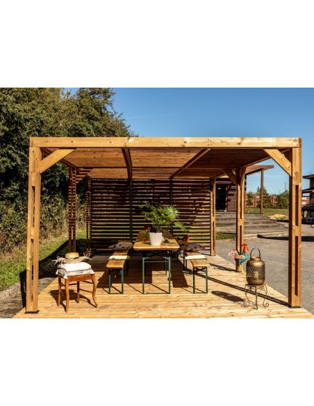 HABRITA - Pergola bois THT + toit vantelles + 1 côté brise vue - 20.93 m²