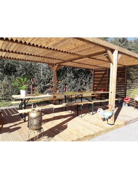 HABRITA - Pergola bois THT + toit vantelles + 1 côté brise vue - 20.93 m²