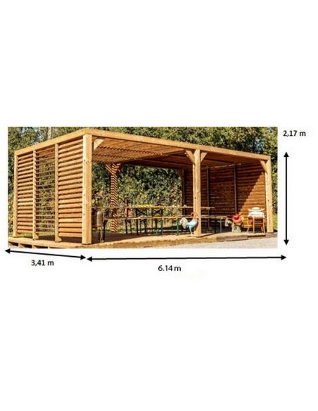 HABRITA - Pergola bois THT + toit vantelles + 2 côtés avec brise vue - 20.93 m²