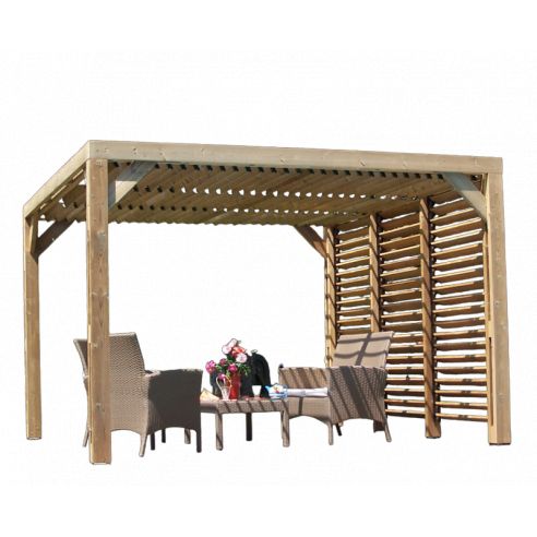 HABRITA - Pergola bois THT + toit vantelles + 1 côté brise vue- 10.67 m²