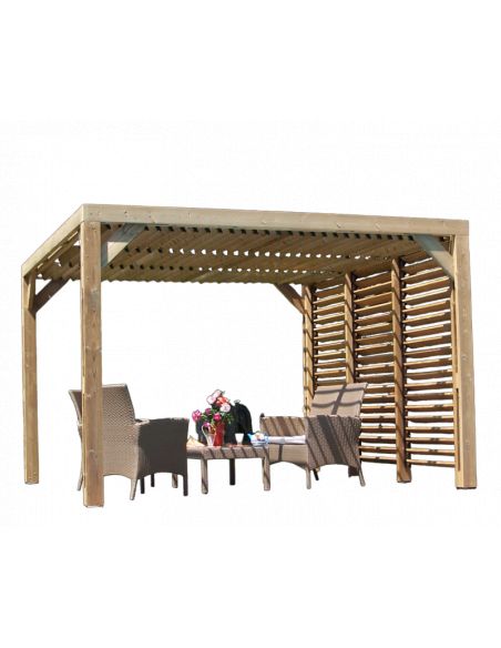 HABRITA - Pergola bois THT + toit vantelles + 1 côté brise vue- 10.67 m²