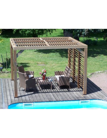 HABRITA - Pergola bois THT + toit vantelles + 1 côté brise vue- 10.67 m²