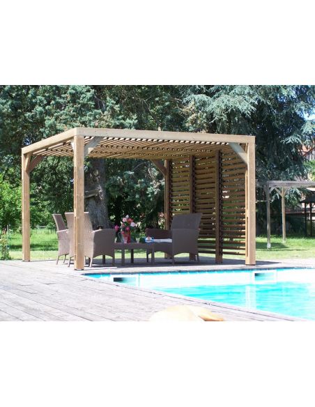 HABRITA - Pergola bois THT + toit vantelles + 1 côté brise vue- 10.67 m²