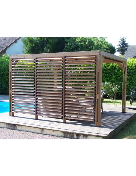 HABRITA - Pergola bois THT + toit vantelles + 1 côté brise vue- 10.67 m²