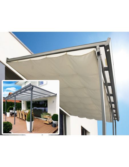 HABRITA - Pergola adossée aluminium toit polycarbonate + rideau sous toit - 15.38 m² 