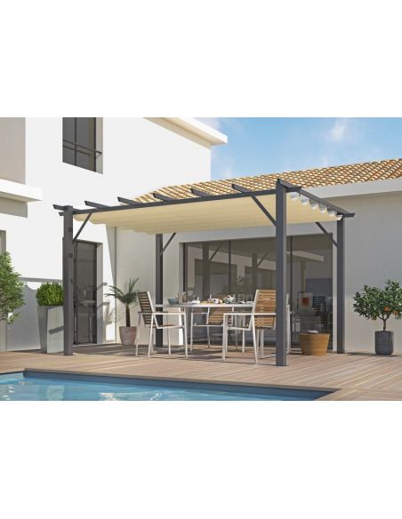 HABRITA - Pergola aluminium gris anthracite + toile d'ombrage - 12 m² 