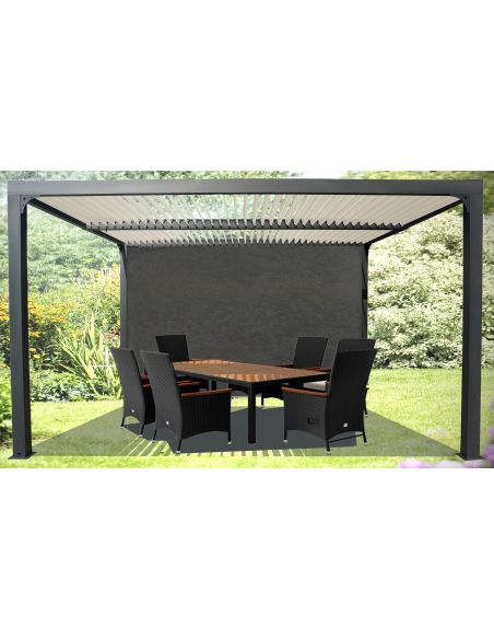 HABRITA - Pergola bioclimatique + Rideau + Lames de toit écru- 10.80 m²