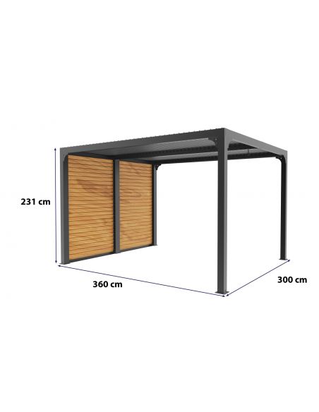 HABRITA - Pergola bioclimatique + ventelles couleur bois côté 3.60 m - 10.80 m²