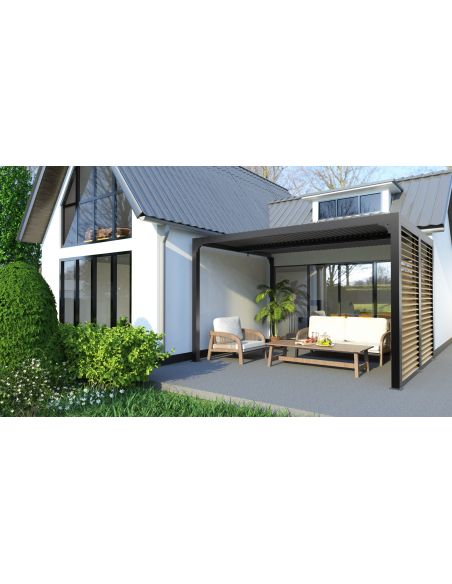 HABRITA - Pergola bioclimatique + ventelles couleur bois côté 3.60 m - 10.80 m²