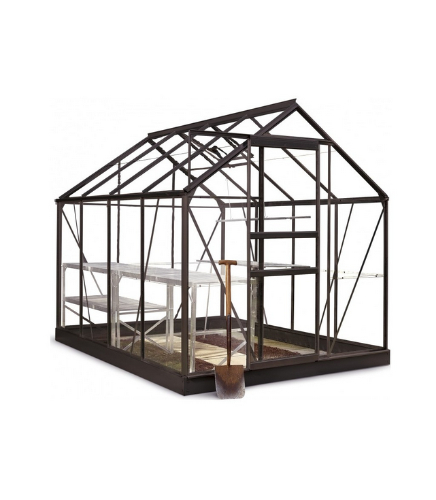 Serre en verre horticole avec une structure en aluminium noir et porte coulissante.